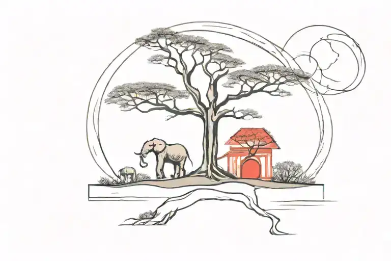 african silhouette - baobab tree, japanese style red sun, house nestled on a hill, banyan trees, elephants. tattoo design idea