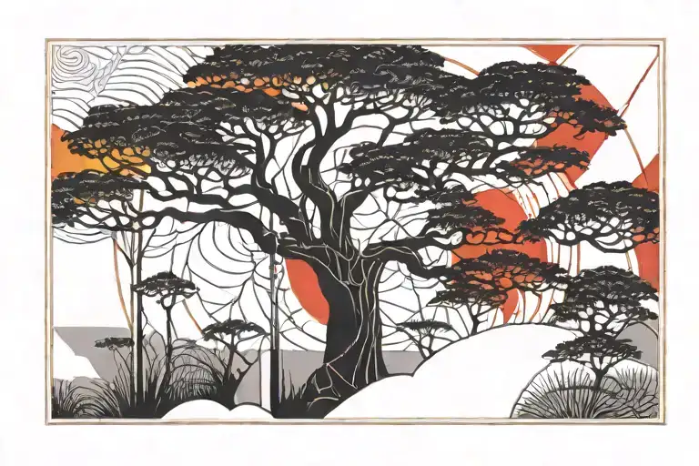 landscape scene on a rectangular frame. silhouette-style elements, a banyan or baobab tree, red sun, african  tattoo design idea