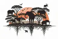 african skyline silhouette - baobab, eucalyptus and banyan trees, japanese style red sun, elephants, dogs. tattoo design idea