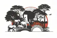 african skyline silhouette - baobab, eucalyptus and banyan trees, japanese style red sun, elephants, dogs. tattoo design idea