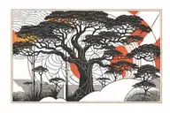 landscape scene on a rectangular frame. silhouette-style elements, a banyan or baobab tree, red sun, african  tattoo design idea