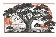 landscape scene on a rectangular frame. silhouette-style elements, a banyan or baobab tree, red sun, african  tattoo design idea