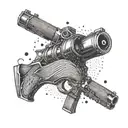 An abstract representation of sound waves morphing into gun barrels tattoo design idea