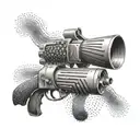 An abstract representation of sound waves morphing into gun barrels tattoo design idea