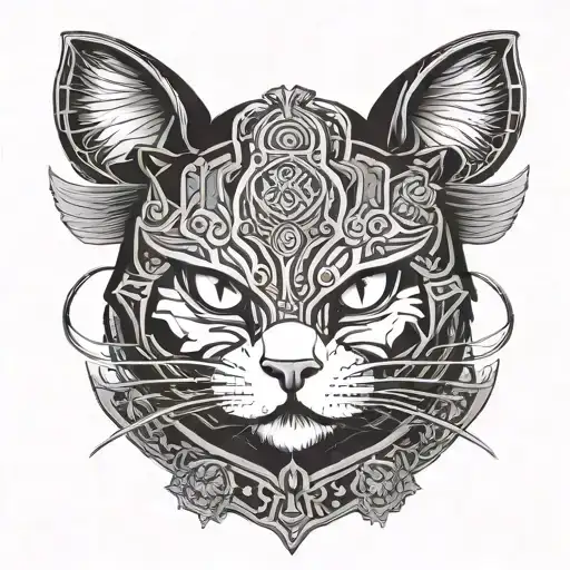 girl cat samurai on background tattoo design idea