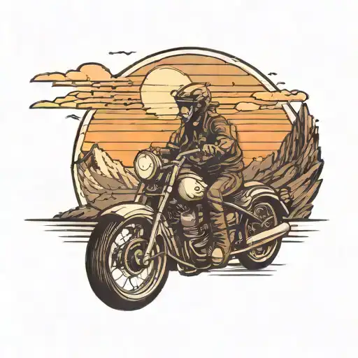 a couple riding a motorcycle into the sunset over a mountain range tattoo design idea
