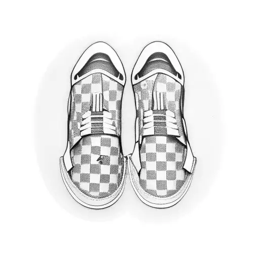 A minimalist tattoo of a sneaker with a Louis Vuitton pattern on the sole with 1990s hip hop surroundings  tattoo design idea