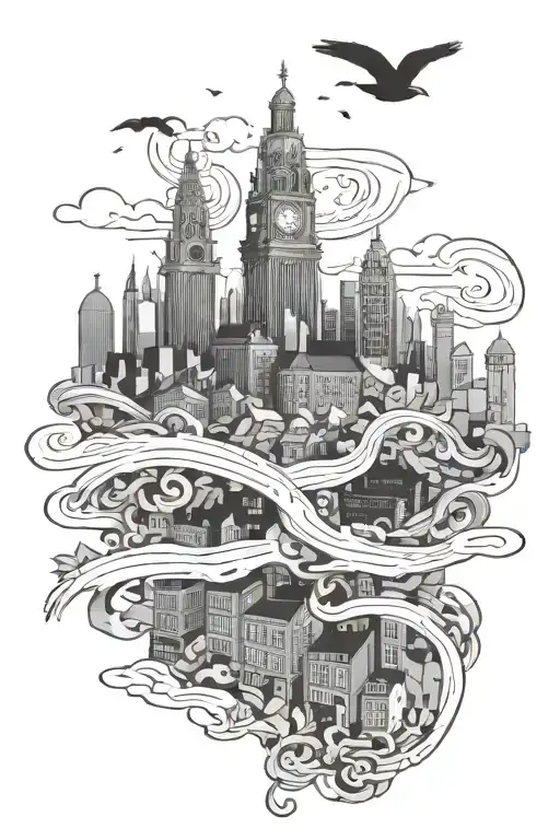 A surreal landscape of Liverpool cityscape intertwined with iconic Liverpool FC imagery tattoo design idea