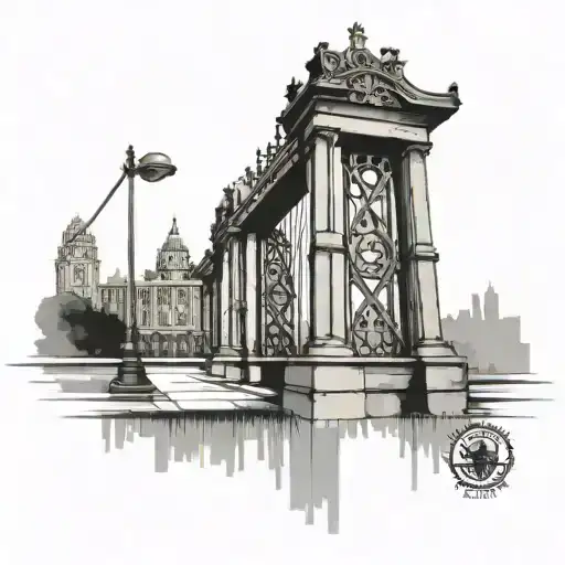 A black-grey tattoo of the iconic Shankly gates with a silhouette of the Liverpool skyline inside tattoo design idea