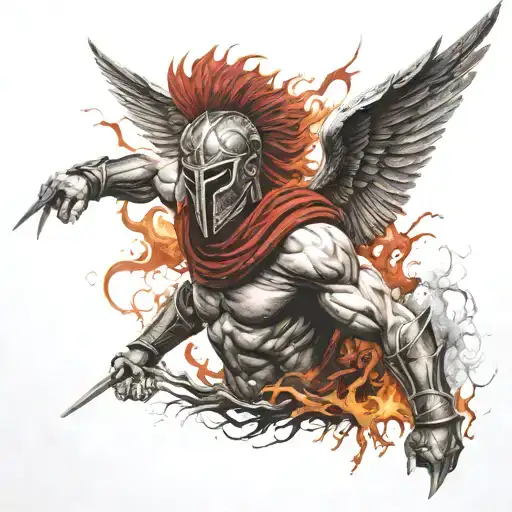 Spartan warrior bloody with a fiery phoenix rising from the ashes tattoo design idea