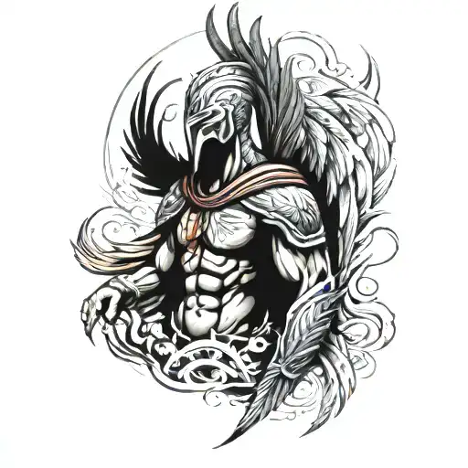 Spartan warrior that is dying from battle wounds and as he is dying, there is a phoenix rising out of his body tattoo design idea