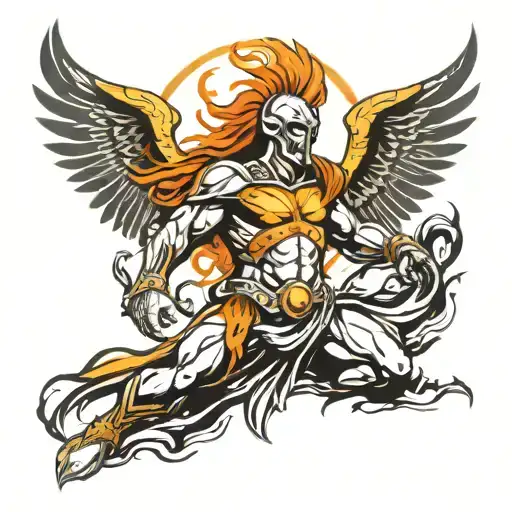 Dying Spartan warrior that has a fiery phoenix rising out of his body tattoo design idea
