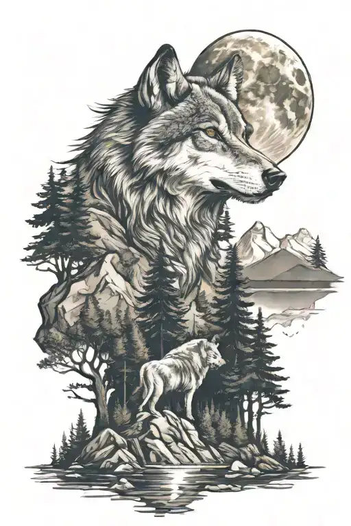 wolf in nature with trees and mountain and a cross on top and a moon tattoo design idea