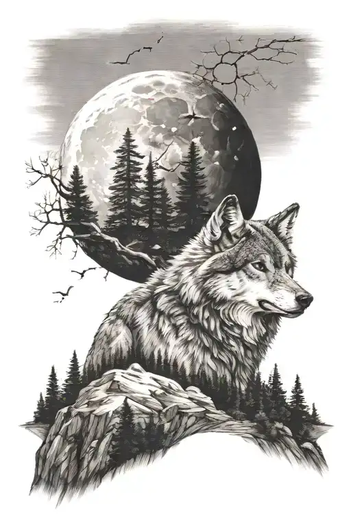 wolf in nature with trees and mountains and the moon and a cross on top of the mountain tattoo design idea