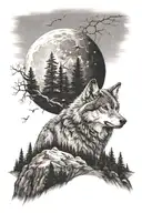 wolf in nature with trees and mountains and the moon and a cross on top of the mountain tattoo design idea