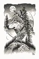 wolf in nature with trees and mountains and the moon and a cross on top of the mountain tattoo design idea