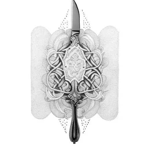 A dotwork tattoo of a beautifully detailed knife and fork intertwined with cooking herbs and spices tattoo design idea
