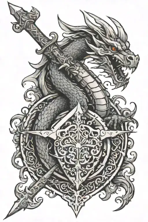 DRAGON WRAPPING AROUND SWORD AND SHIELD tattoo design idea