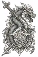 DRAGON WRAPPING AROUND SWORD AND SHIELD tattoo design idea