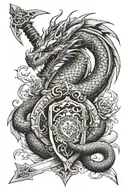 DRAGON WRAPPING AROUND SWORD AND SHIELD tattoo design idea