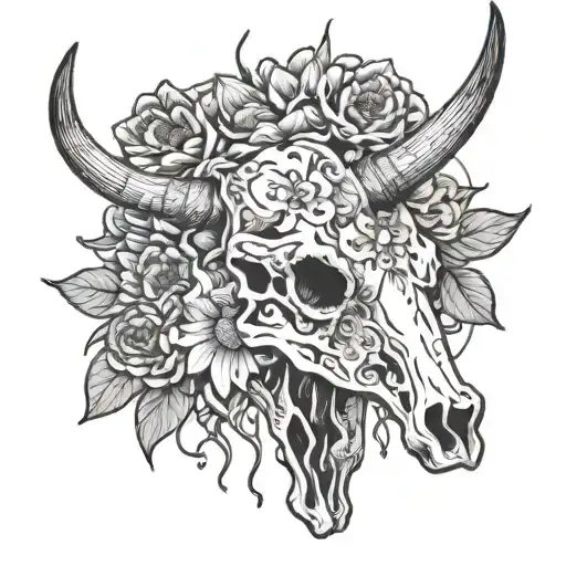 long horn cow skull with water Lilly, aster, daffodil, and iris flowers framing it tattoo design idea