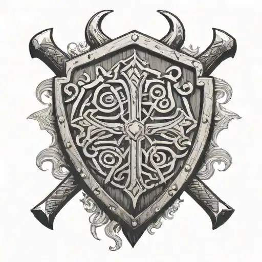 banded wooden shield engraved with viking runes, with two battle axes crossed behind it tattoo design idea