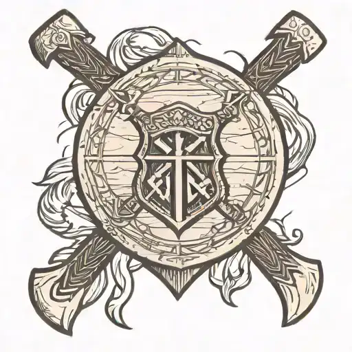banded wooden shield engraved with viking runes, with two battle axes crossed behind it tattoo design idea