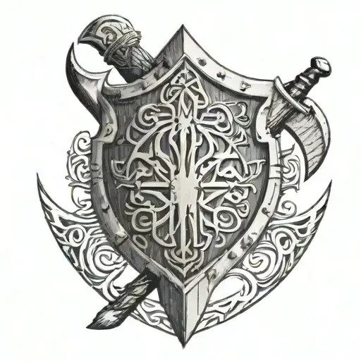 banded wooden shield engraved with viking runes, with two battle axes crossed behind it tattoo design idea