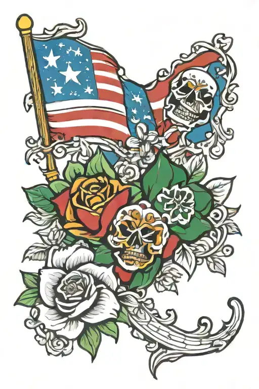 Mexican flag and Puerto Rican flag with flowers   tattoo design idea