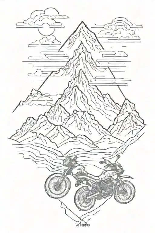 A minimalist tattoo of a mountain peak with a subtle motorcycle silhouette, combining the client's two favorite things in a subtle and elegant way tattoo design idea