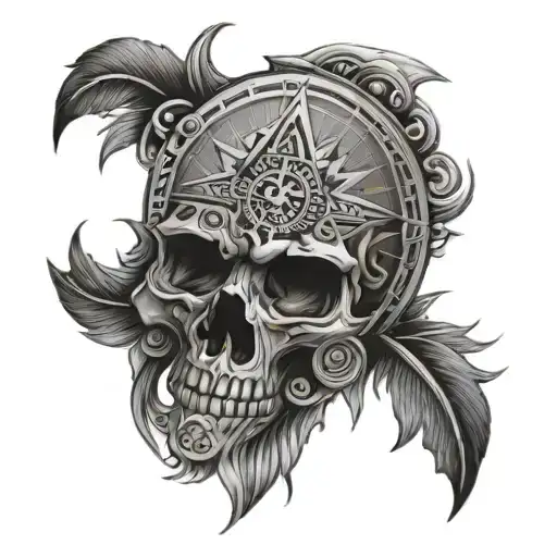 aztec  skull compass tattoo design idea