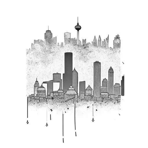 A Boston skyline with Marvel superheroes flying above tattoo design idea