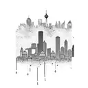 A Boston skyline with Marvel superheroes flying above tattoo design idea