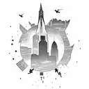 A Boston skyline with Marvel superheroes flying above tattoo design idea