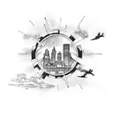 A Boston skyline with Marvel superheroes flying above tattoo design idea