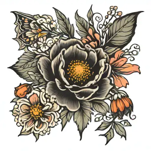 poppy, snowdrop, rose and aster flower tattoo design idea
