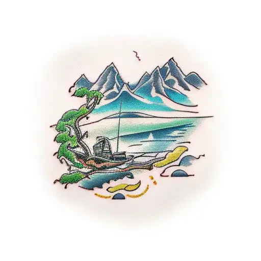 meanandering river to paradise with a single mountain ash tree in paradise  tattoo design idea