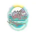 meanandering river to paradise with a single mountain ash tree in paradise  tattoo design idea