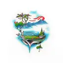 meanandering river to paradise with a single mountain ash tree in paradise  tattoo design idea