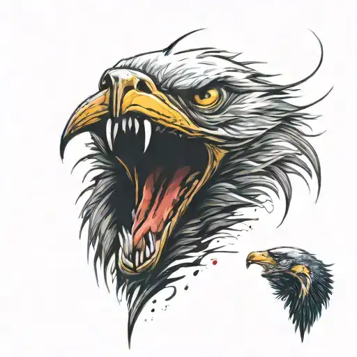 Wild dangerous looking wolf that drops blood on its mouth, most dangerous fighter jet, cool looking bald eagle in the sa tattoo design idea