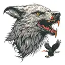 Wild dangerous looking wolf that drops blood on its mouth, most dangerous fighter jet and cool looking bald eagle  tattoo design idea