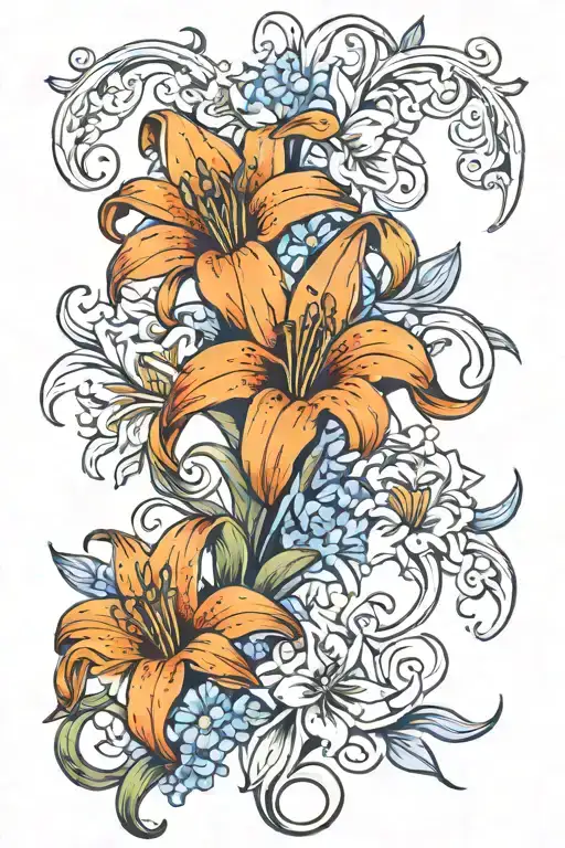 orange lillies with blue bell flowers intertwined tattoo design idea