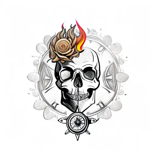 a skull, flames, an old compass, and small flowers tattoo design idea