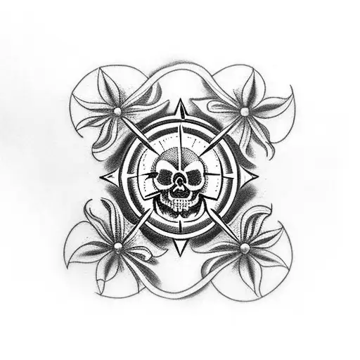 a skull, flames, an old compass, and small flowers tattoo design idea