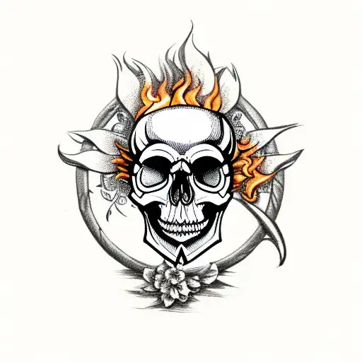 a skull, flames, an old compass, and small flowers tattoo design idea