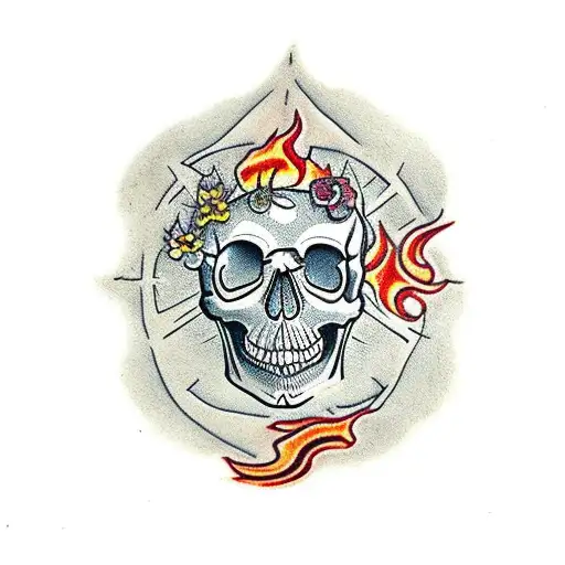 a skull, flames, an old compass, and small flowers tattoo design idea