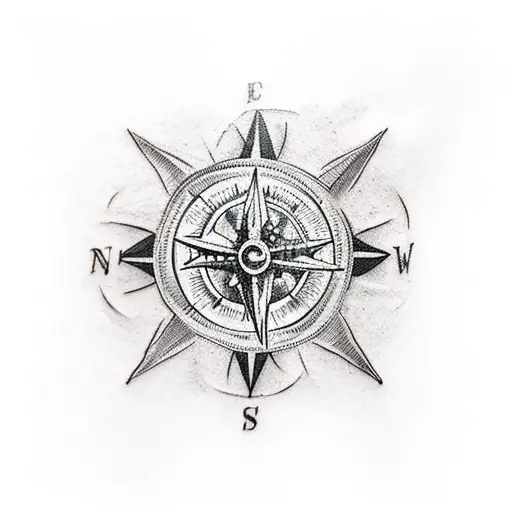 a skull, flames, an old compass, and small flowers tattoo design idea