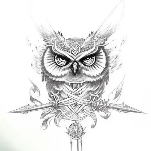 "Design a tattoo featuring a fierce and menacing owl perched atop a trident, exuding an aura of power and mystique." tattoo design idea
