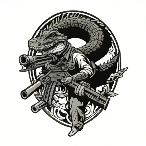 A fierce alligator wrapped around a .50 caliber machine gun tattoo design idea