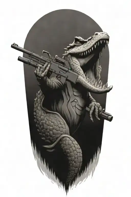 an alligator with a machine gun shooting tattoo design idea